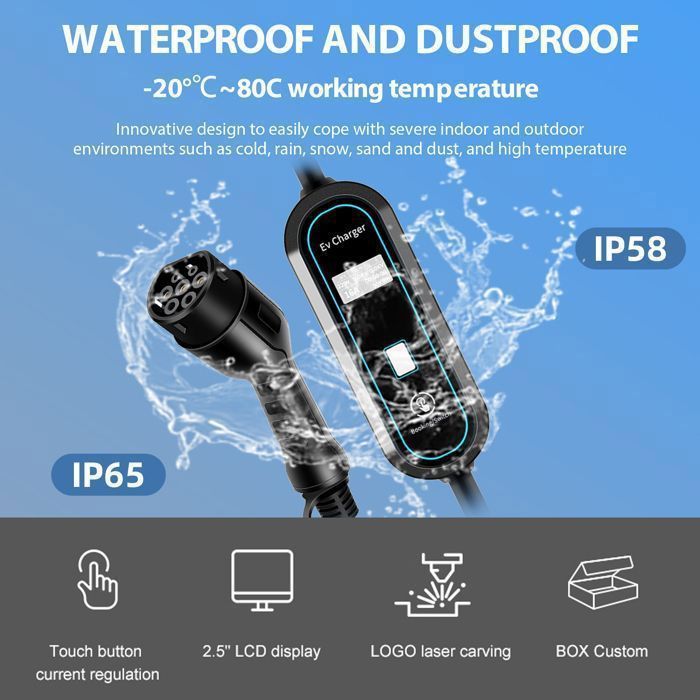 Chargeur pour Véhicule Electrique 3,5kW 8-16 A Chargeur de Type 2 avec Ecran et Intensité Réglable, Indice de Protection IP65