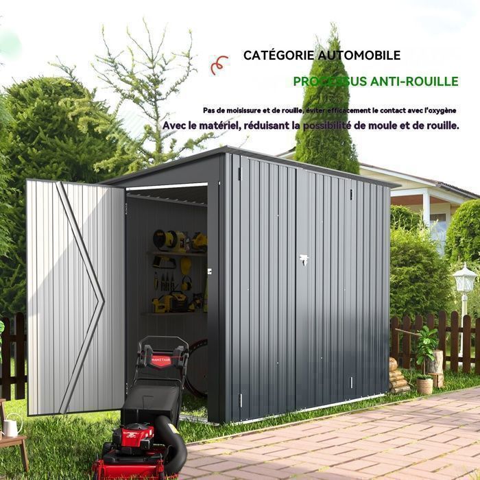 YODOLLA Abri de Jardin Métal 2,65 m²,  3 Portes Coulissantes, Toit Incliné, pour vélos/moto- 225x118x170 cm  - Gris