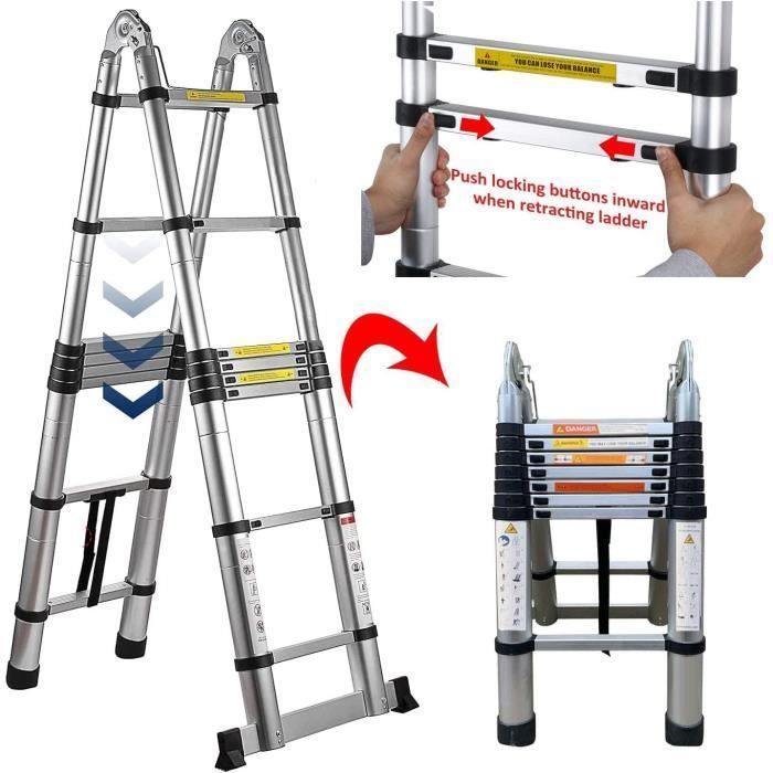 5m telescopic ladder, 2.5m + 2.5m portable extension folding ladder in stainless steel, 150kg load capacity