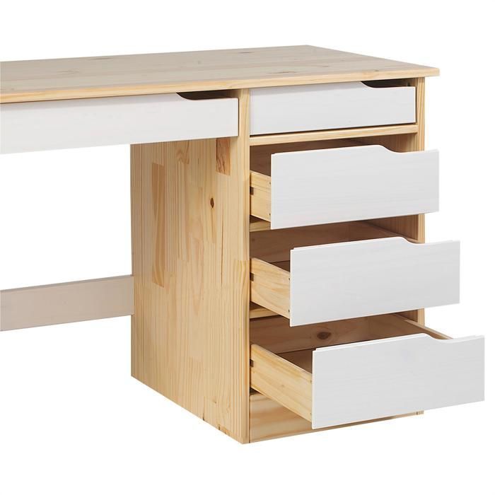 HUGO bureau met 5 lades, Scandinavische stijl, gemaakt van massief grenenhout met natuurlijke lak en witte beits.