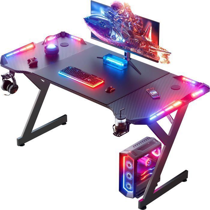 HLONONE LED Mesa Gamingtafel 140 × 60 cm, Ergonomisch gamingbureau van koolstofvezel, Zwart