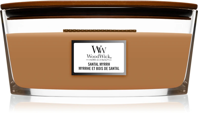Мирисна свећа Woodwick Santal Mirrh са дрвеним фитиљем (hearthwick)