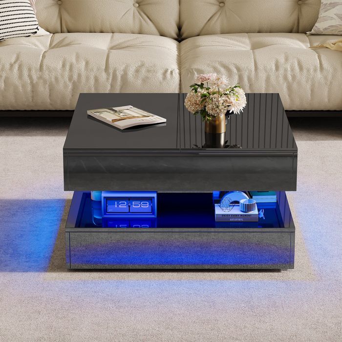 Tavolino da caffè con piano sollevabile, illuminazione a LED RGB, vano portaoggetti intelligente, finitura nero lucido, 78 cm.