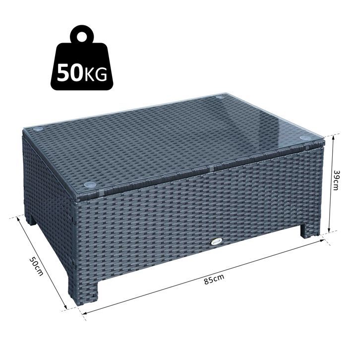 Table basse de jardin - Outsunny - plateau en verre trempé 5 mm - résine tressé - max. 50 kg - 85 x 50 x 39 cm - noir
