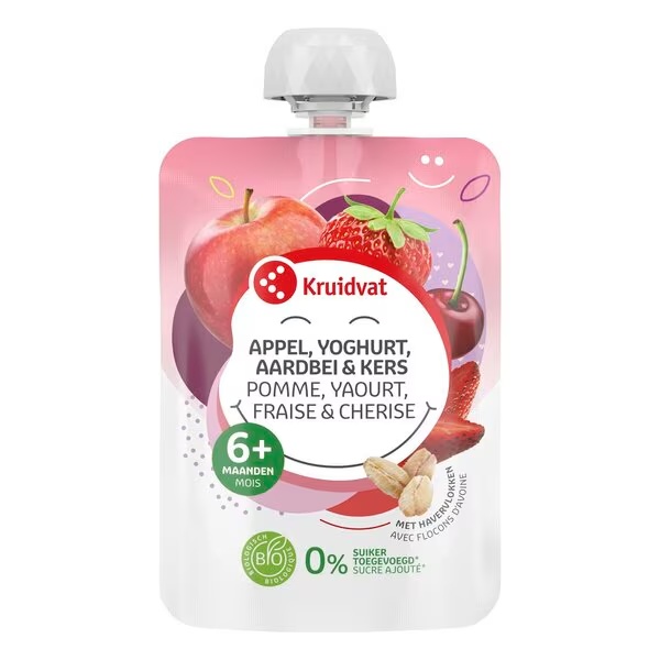 Kruidvat 6+M Bio jablko, jogurt, jahoda a čerešňa lisované vrecko<br>90g