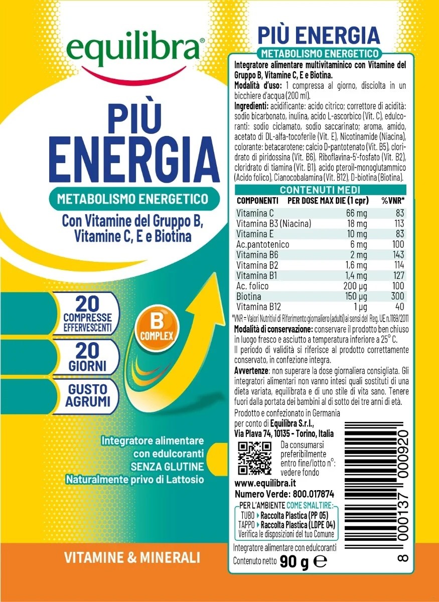 EQUILIBRA Equilibra more energy 20 αναβράζοντα δισκία Αναβράζουσα πολυβιταμίνη με γεύση εσπεριδοειδών