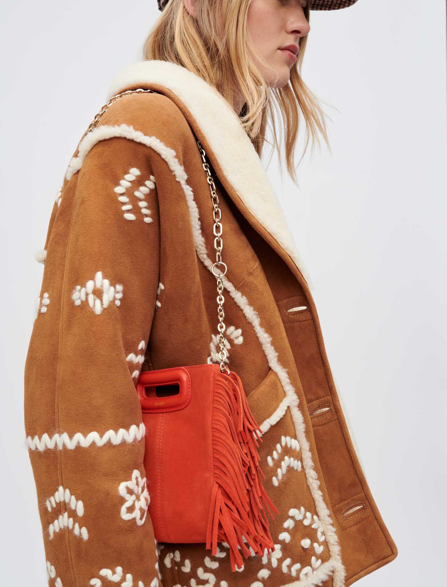 Palton din shearling complet brodat - Camel
