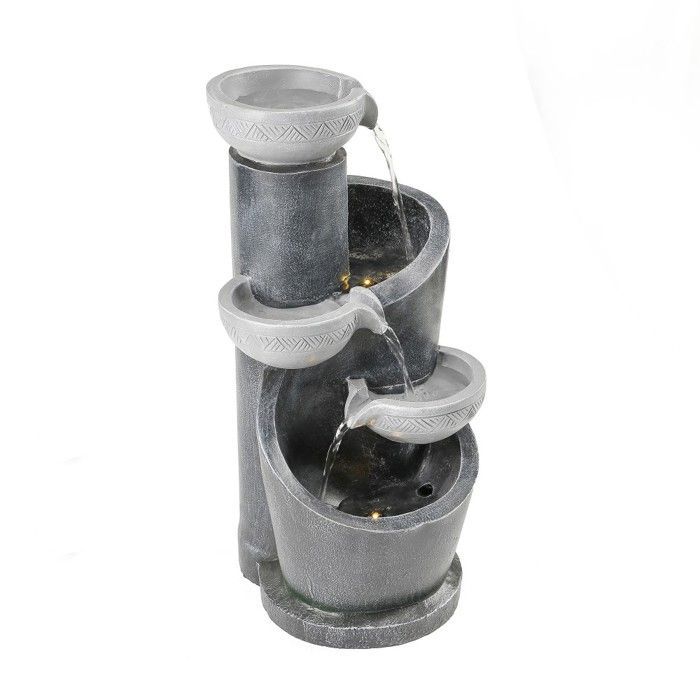 Fuente de jardín gris con iluminación LED, bomba de agua, piedra artificial y pila decorativa para patio e interior, 25x24x50cm