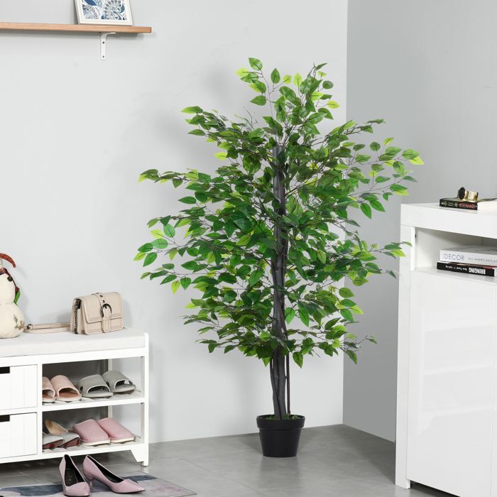 Planta artificial - Outsunny - ficus, 1,45 m de altura, tronco, ramas, enredaderas y líquenes realistas - plástico - 1,45 m