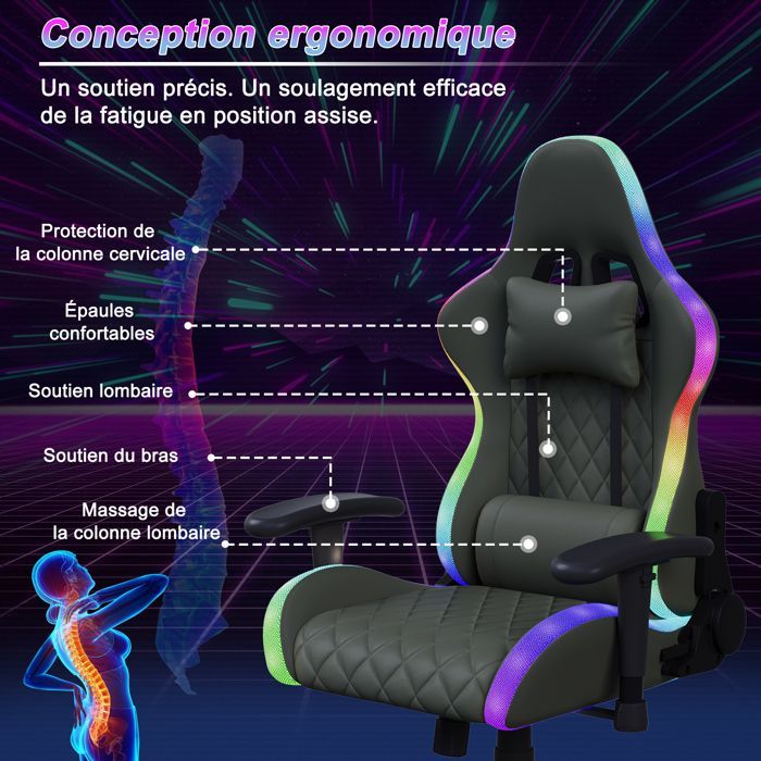Silla gaming con iluminación LED RGB, LUMINARIX, silla con masaje lumbar y reposacabezas, respaldo ajustable, silla de oficina ergonómica, negra