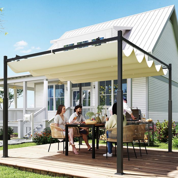 Pergola de jardin exterieur - Outsunny - 3 x 3 m - toit rétractable et fixation magnétique - abri soleil UPF30+ - crème