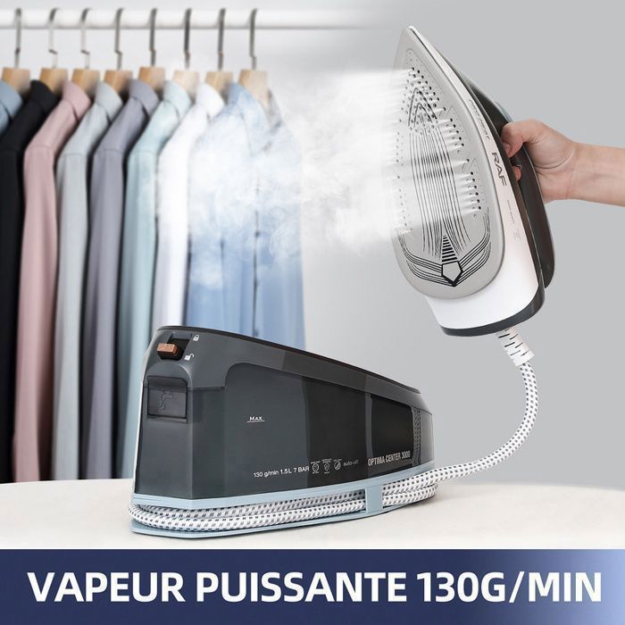 Centrale Vapeur 7 Bar, Température constante, 3000W, Débit Vapeur 130g-min, Réservoir d'Eau 1.5L, Semelle antiadhésive, Gris Clair