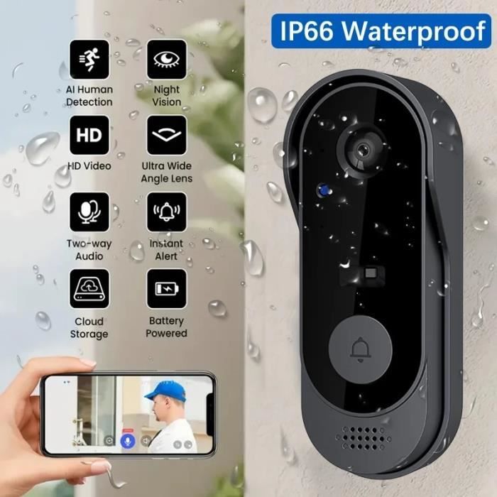 Videocitofono wireless PRUMYA – Telecamera HD, Wi-Fi, visione notturna a infrarossi, impermeabile, ricaricabile tramite USB