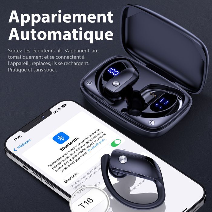 VEATOOL Écouteur Sportif Sans Fil Bluetooth 5.1 Étanche IPX5 Son Stéréo Autonomie 48h Micro Intégré Noir
