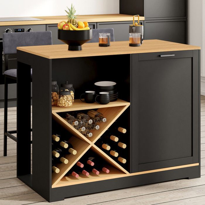 Mesa de bar tipo isla IDMARKET VITO de 113 cm con botellero de madera negra y tablero con efecto haya.