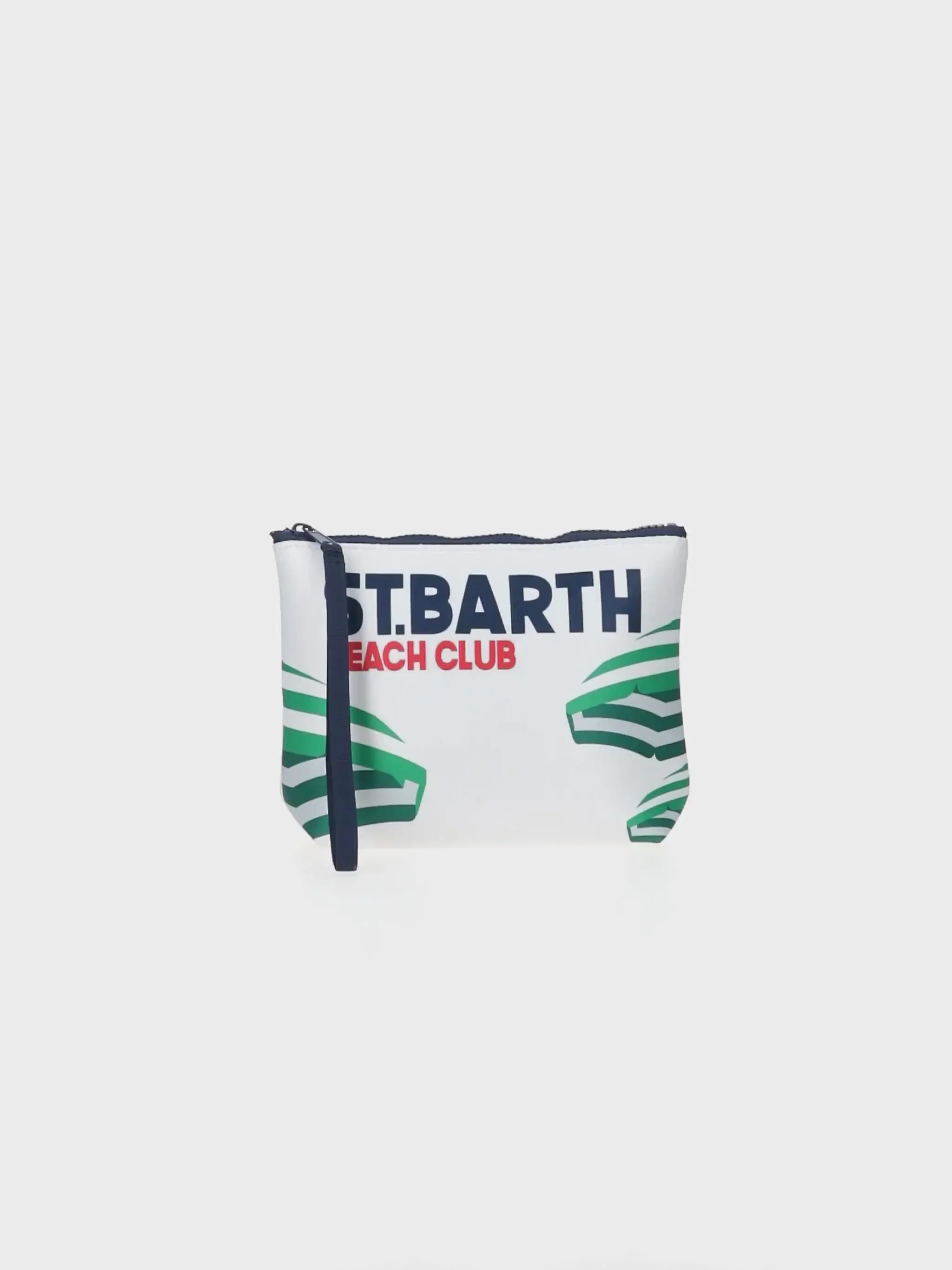Aline scuba clutch tas met print van een ansichtkaart van Saint Barth
