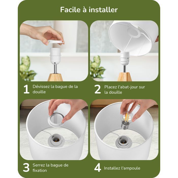 Juego de 2 lámparas de mesa, de madera con pantalla de lino blanco, casquillo E27, bombilla incluida.