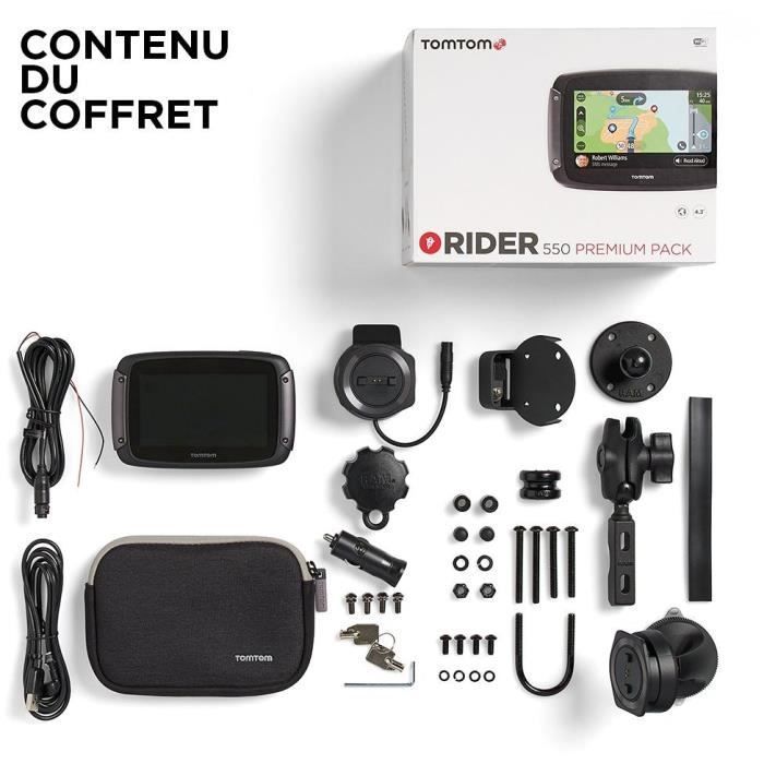 GPS para motocicleta TomTom RIDER 550 Premium Pack: pantalla de 4,3 pulgadas, mapa mundial, información de tráfico TomTom, alertas de zonas peligrosas, llamadas manos libres.
