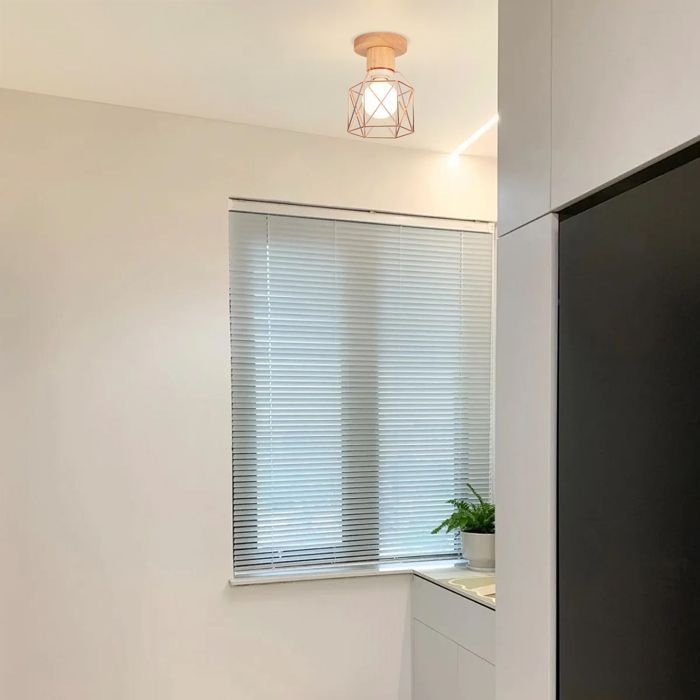 SNOGOLD Industriële Plafondlamp, Retro Metalen en Houten Vintage E27 Zeshoekige Lampenkap, Roségoud voor de Woonkamer