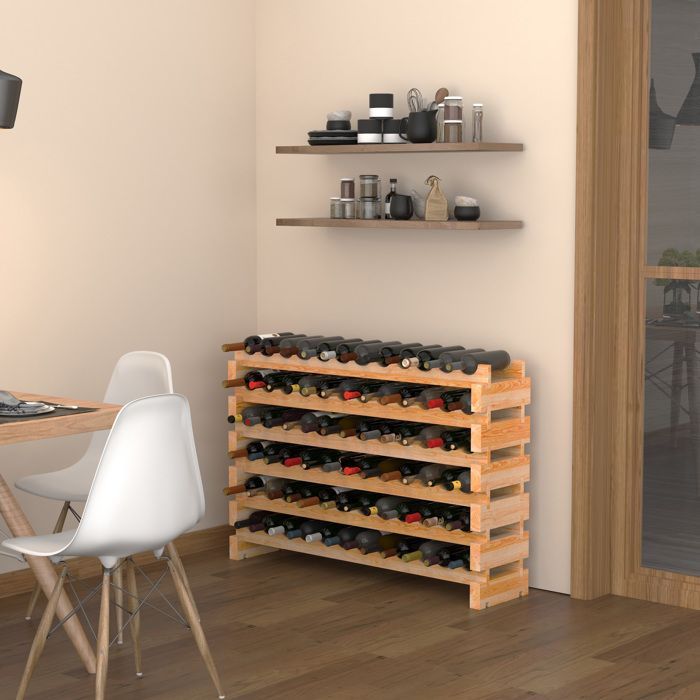 Botellero - HOMCOM - 72 botellas, 6 niveles, modular, apilable, para bodegas y bares - madera de abeto - 114x28x85cm - natural
