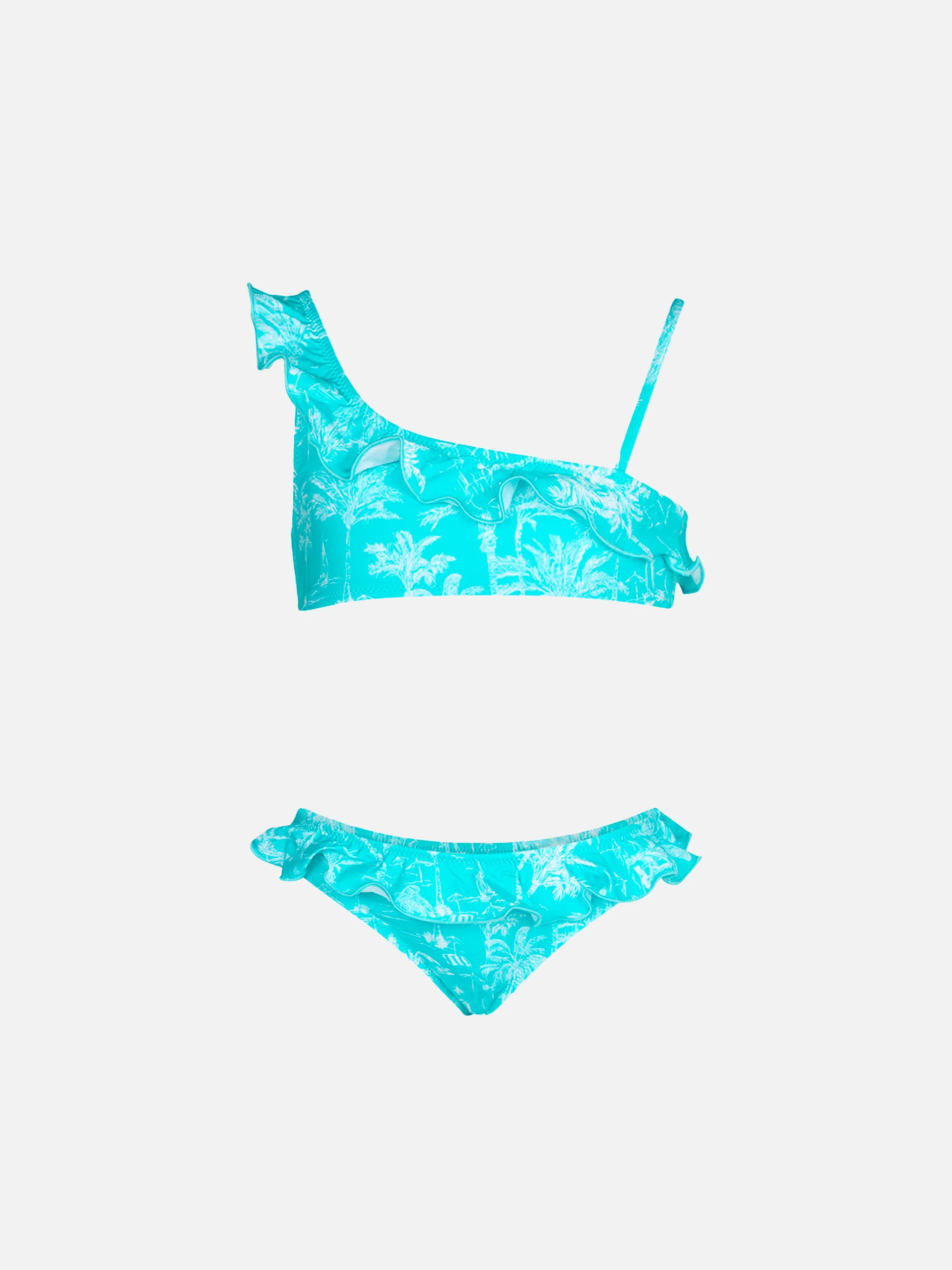 Meisjesbikini met één schouderband en toile de jouy-print, met ruches.