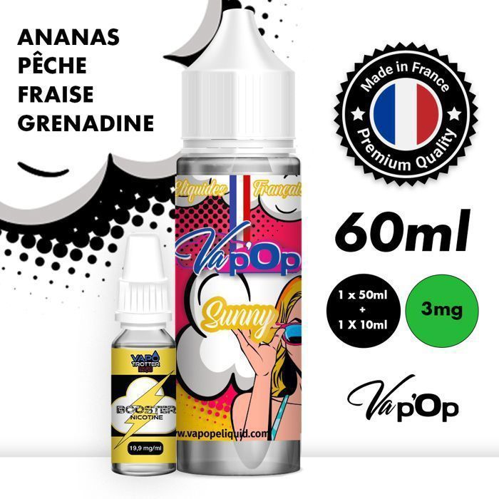 Líquido para cigarrillos electrónicos - SUNNY - MELOCOTÓN FRESA GRANADINA PIÑA - 50% GV/50% VG - 3 mg/ml - 1 x 50 ml + 1 x 10 ml potenciador