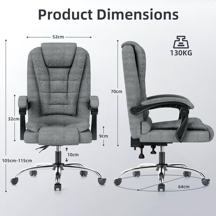 Silla de oficina BIGZZIA, sillón con asiento ancho acolchado, asiento ergonómico de tela de lino, altura ajustable 10 cm, gris oscuro.
