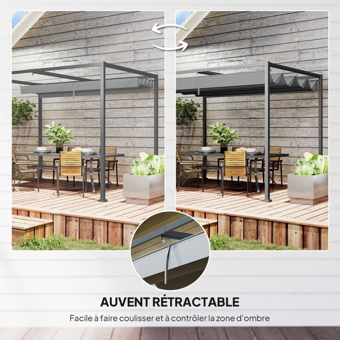 Pergola coulissante rétractable - Outsunny - structure anticorrosion toile haute densité 180 g/m² - métal - 3 x 2 m - gris