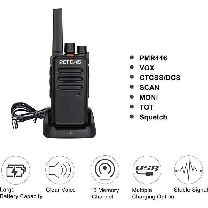 Retevis RT668 Talkie Walkie avec Casque, PMR446 sans Licence, VOX Squelch, 16 Channels CTCSS/DCS TOT Scan, pour École Hôtel(10Pcs)