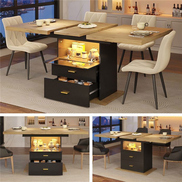 Table a Manger Extensible Bois 4 à 6 Personnes avec Éclairage LED, Table de Cuisine 110-140×80 cm avec Rangement et Tiroirs, Noir