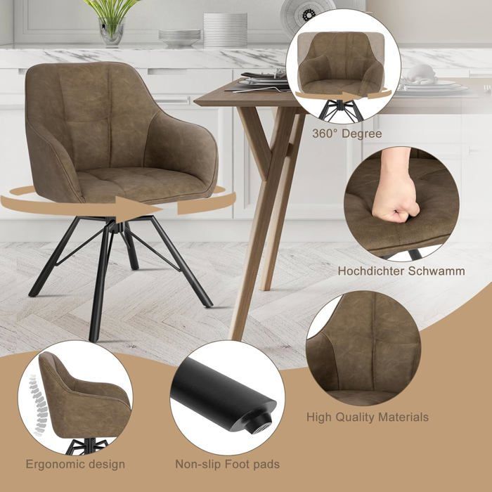 WOLTU Chaise Pivotante à 360°, Lot de 4, Chaise Salle à Manger Scandinave, Fauteuil en Faux Cuir Vintage, Marron W0ATT0029-4