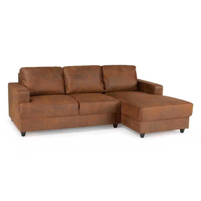 Sofá esquinero derecho de 4 plazas - Tapicería marrón vintage - Estilo contemporáneo - Ancho 215 x Profundidad 140 x Alto 86 cm - PAUL
