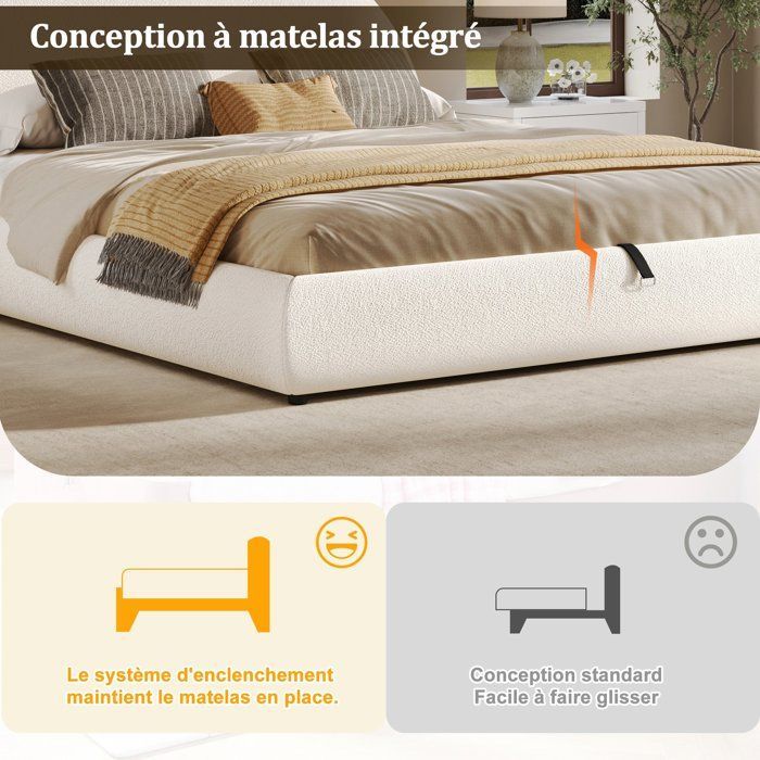 Merax Lit Double 180x200 cm avec Coffre Rangement Hydraulique en Velours Bouclé Blanc