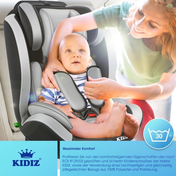 KIDIZ® Siège auto pour enfants et bébé 9-36 kg Groupe 1+2+3 Ceinture de sécurité à 5 Points Appuie-tête réglable et Évolutif Gris