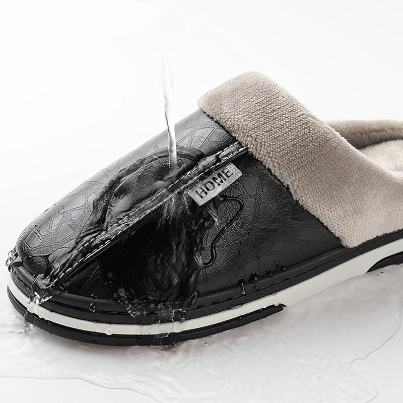 Men's Slippers Indoor Leather Winter Waterproof Warm Home Fur Lady Slippers Men's Couples House Shoes Large Size 50