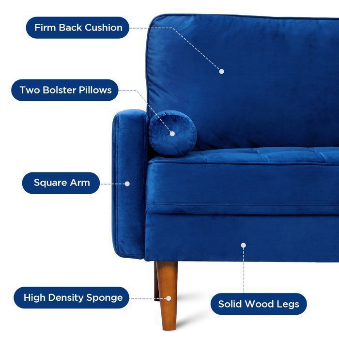 Canapé 3 Places en Velours Bleu,Canapé Scandinave avec 2 coussins pour salon chambre,Fauteuil Moderne 176×78×85 cm