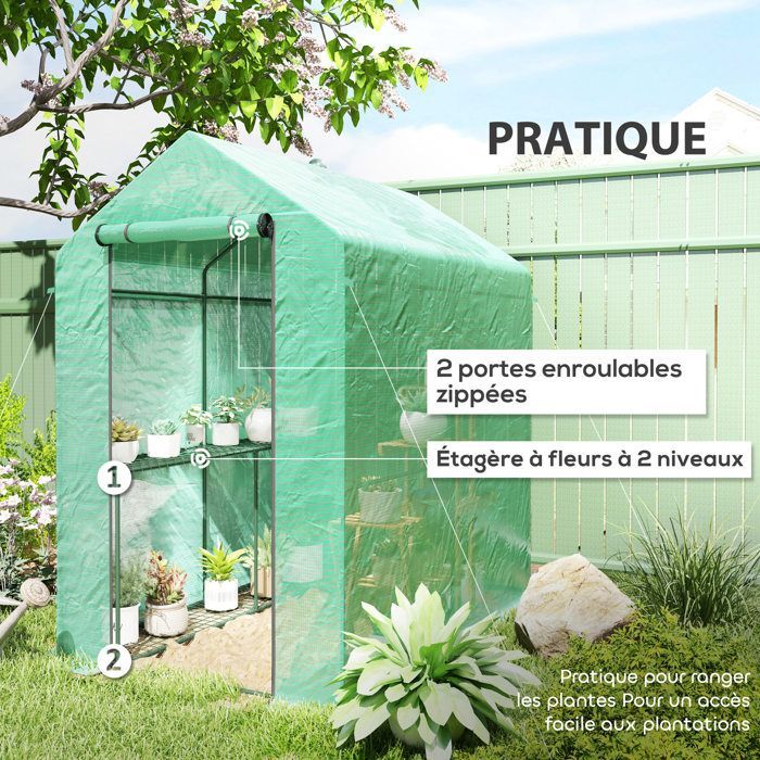 Invernadero de jardín - Outsunny - Estantería de 2 niveles con puerta enrollable con cremallera - Cubierta reforzada de 140 g/m², estructura de acero - Verde
