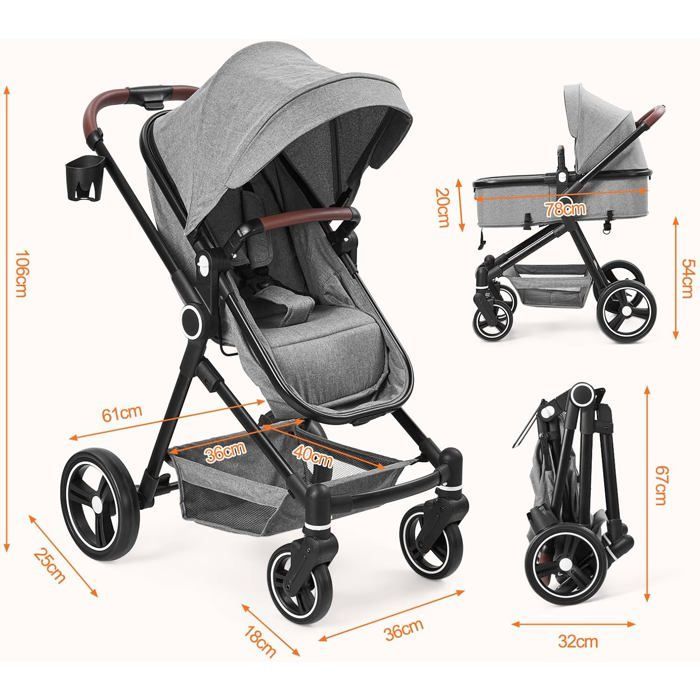 Cochecito 2 en 1, compacto, ligero y plegable con asiento reclinable, Bébé Confort Stroller para bebés de 0 a 3 años, gris.