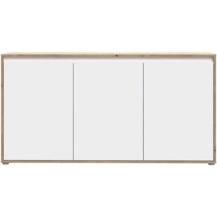 Aparador - SKELPE - Blanco mate y roble - 3 puertas + 3 estantes - 152,6 x 42 x 78,5 cm