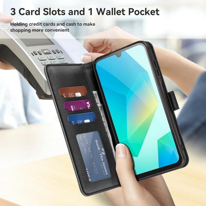 Wallet case - MASSILIA TECH - SAMSUNG GALAXY A16 - Matte black leather - 2 tempered glass screen protectors - Flexible