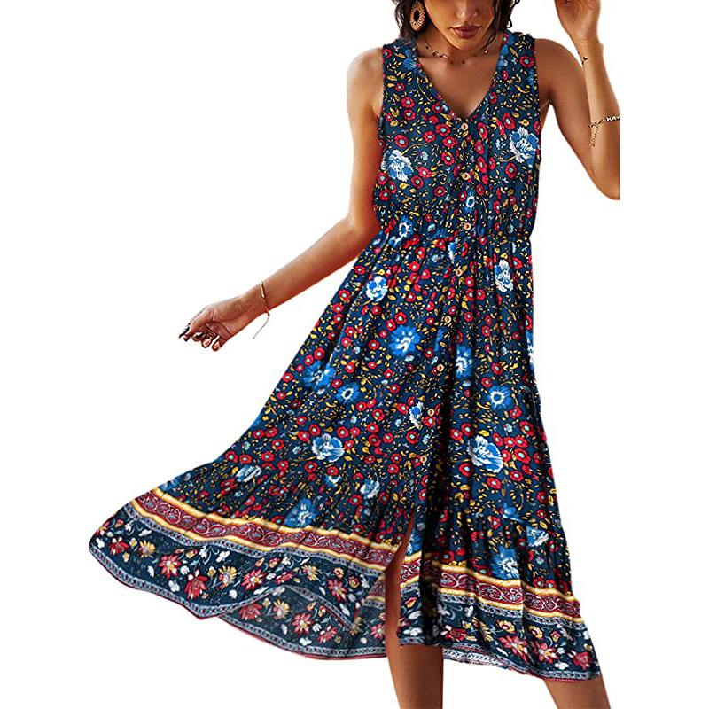 Robe sans manches à motif floral bleu marine S