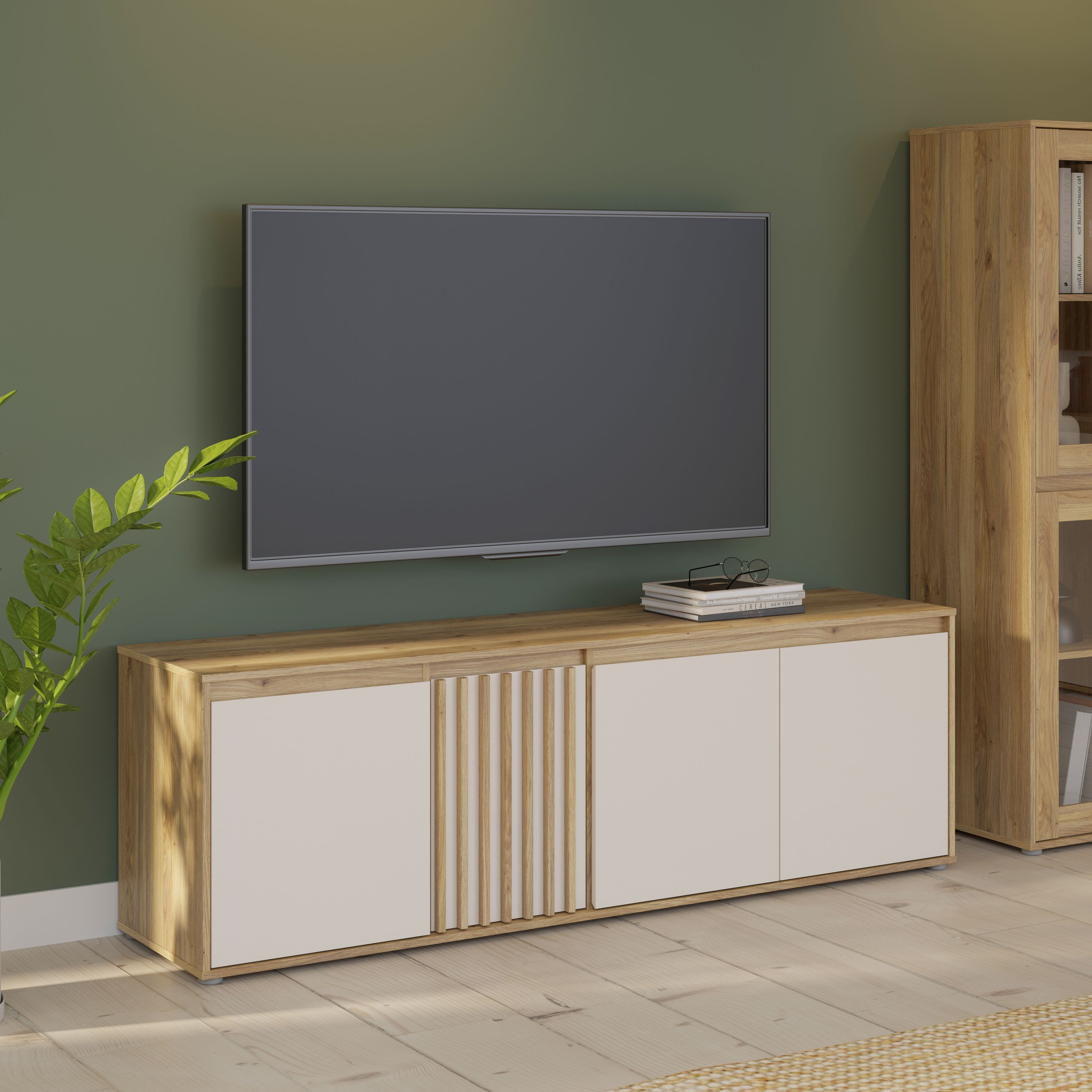 Meuble TV ELISTON – Blanc Mat & Chêne – 4 Portes – 174,3 × 41,5 × 56,1 cm