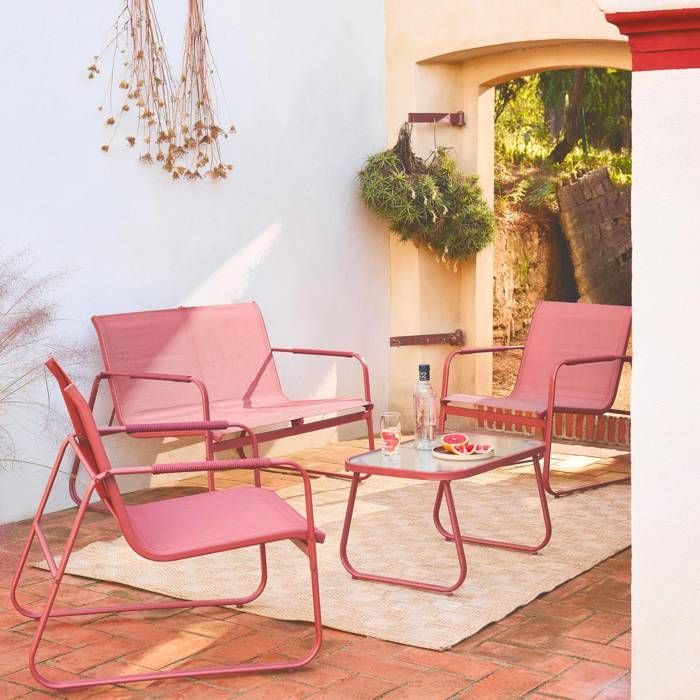 Conjunto de muebles de jardín NOTO de acero y terracota. 4 plazas. Un sofá. Una mesa. Dos sillones de textileno.
