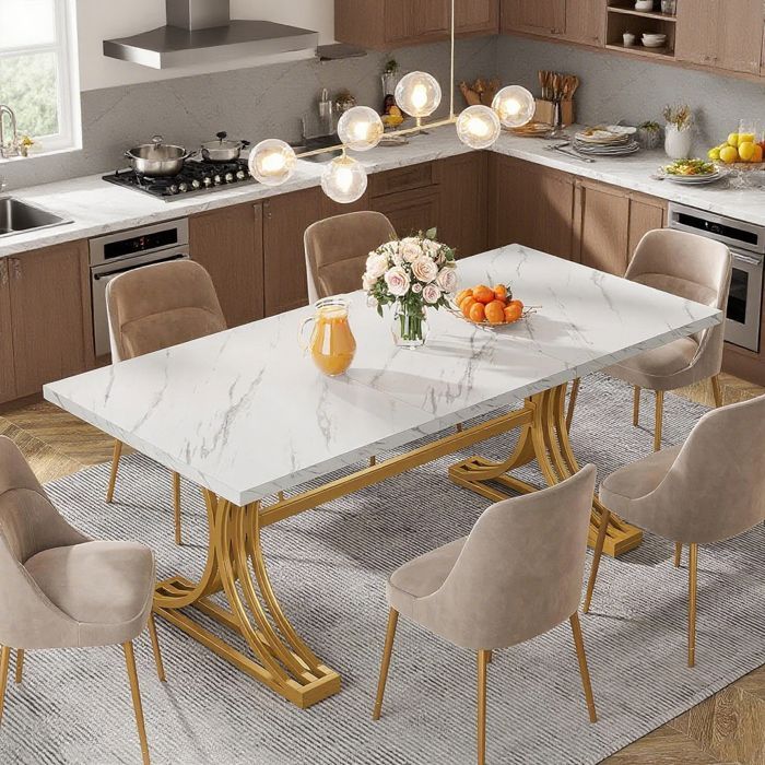 Table à manger moderne - 160×80×75 cm - Piètement structure métal - Pour salle à manger, cuisine (blanc/doré)
