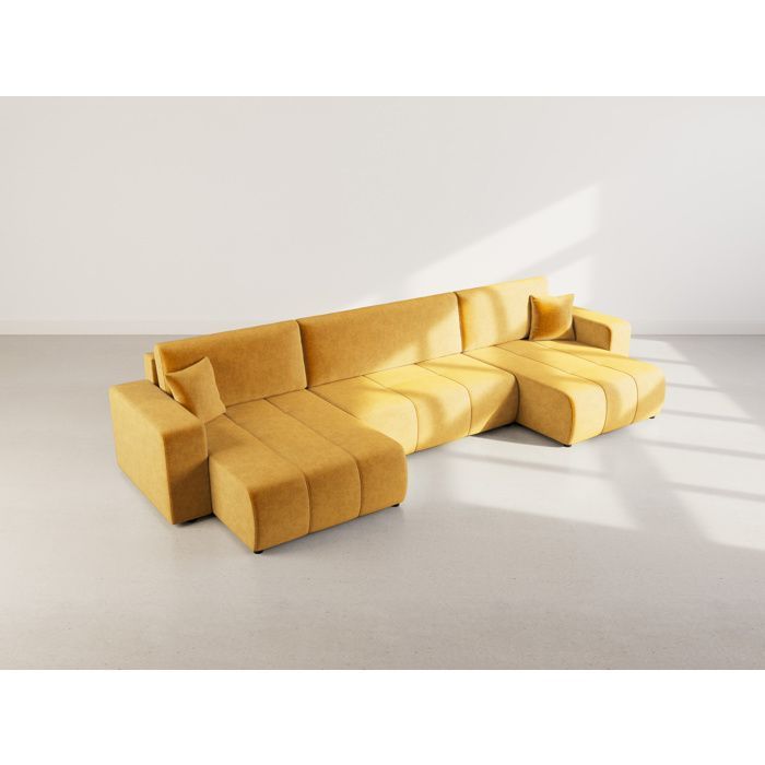 Nicole - Divano letto panoramico a forma di U a 7 posti con contenitore, in tessuto - Giallo