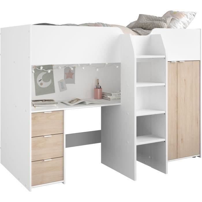 Cama alta infantil - TOM - Blanca y roble - Armario, escritorio y base de cama incluidos