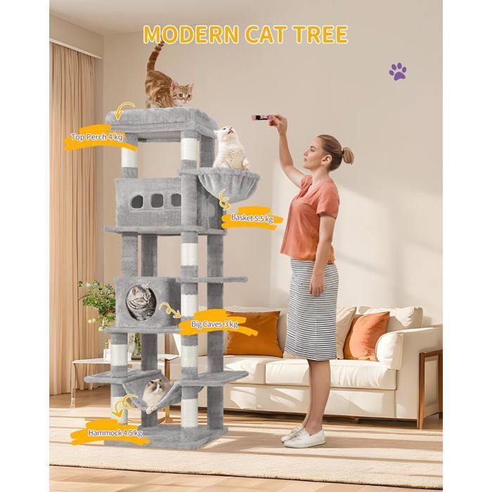 170 cm Grand Arbre à Chat, Arbre pour Grand Chat, avec Grand Perchoir, Tapis Lavable, 2 niches Chat, 8 Griffoirs,Gris Clair