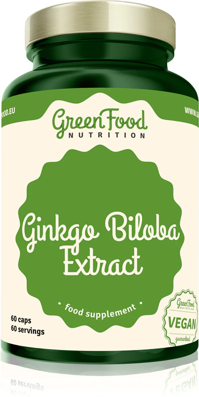 Cápsulas de suplemento alimentar com extrato de Ginkgo Biloba da GreenFood Nutrition para auxiliar na saúde física e mental.