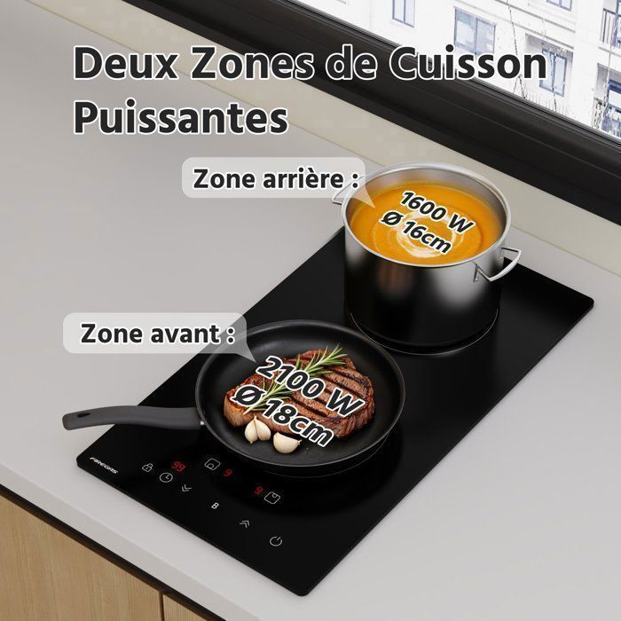 FIREGAS Domino inbouw inductiekookplaat met 2 branders, 3700 W, Boost, 9 vermogensniveaus, verwarming op laag vermogen