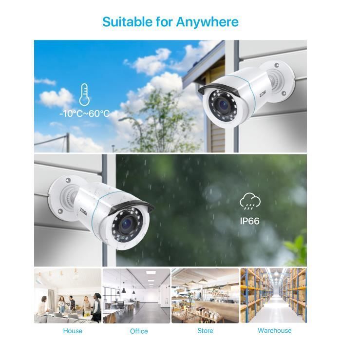 ZOSI 1080P TVI Surveillance Camera Kit IP66 Night Vision 20m 3.6mm Lens - TVI Type Surveillance Camera